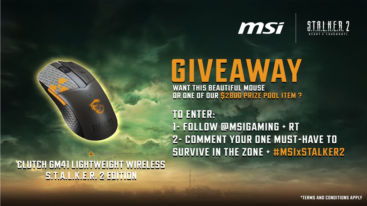 Want this beautiful mouse 
or one of our $2800 prize pool item ?

To enter:
1- Follow <a href="/msigaming/">MSI Gaming</a> + RT
2- Comment your one MUST-HAVE to survive in The Zone + #MSIxSTALKER2

More info: msi.gm/MSIxStalker2