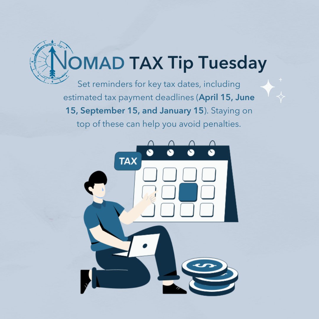 Proactive tax planning is key for digital nomad success. What's your favorite way to remember important dates? Share below! Need a tax timeline tailored to your lifestyle? Nomad Tax is here to help. #TaxTipTuesday #TaxDeadlines #FinancialPlanning #NomadLife