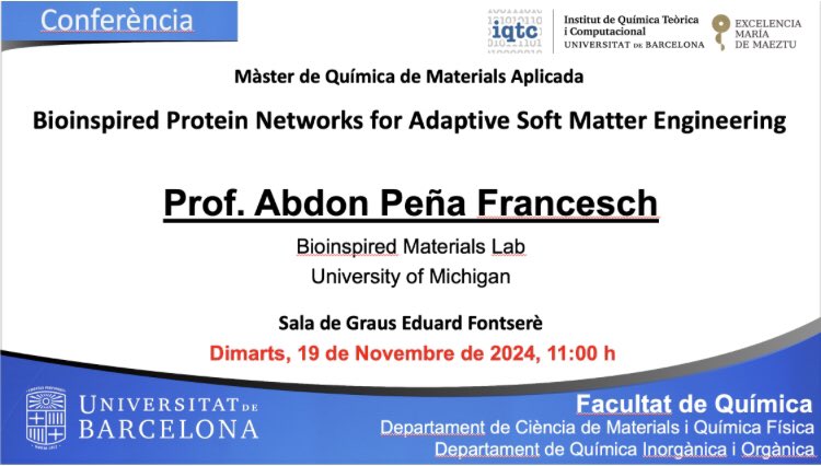 Maria Guix (@maria_guix) on Twitter photo Todas we have the pleasure to have Prof. Prof. Abdon Peña Francesch @abdon_pf from the University of Michigan giving at the <a href="/UniBarcelona/">Universitat de Barcelona</a>, organized by the <a href="/IQTCUB/">IQTCUB</a> and invited by <a href="/PuigmartiLuis/">Josep PuigmartĂ-Luis</a>.
Join us at 11h!
🤖 Happy to have you in house 🦑 Todas we have the pleasure to have Prof. Prof. Abdon Peña Francesch @abdon_pf from the University of Michigan giving at the <a href="/UniBarcelona/">Universitat de Barcelona</a>, organized by the <a href="/IQTCUB/">IQTCUB</a> and invited by <a href="/PuigmartiLuis/">Josep PuigmartĂ-Luis</a>.
Join us at 11h!
🤖 Happy to have you in house 🦑