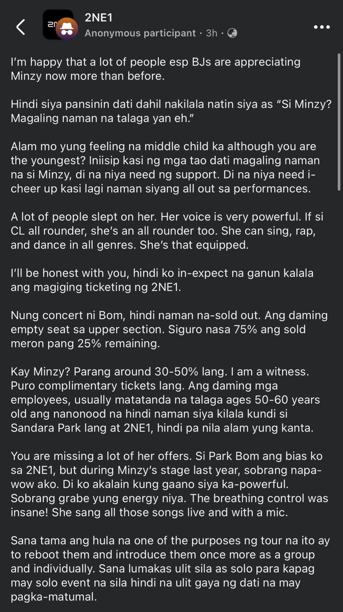 GONGMlNJl's tweet photo. There’s a post like this about Minzy in a 2NE1 FB Group and I can’t thank the op enough. Ang laki ng tampo ko sa BJs before haha I’ve seen people say things to Minzy. It was so bad. Ang bilis nila talikuran si Minzy just because hindi nila bias.

Minzy deserves the best too. 😘 https://t.co/KAYKxpWGpX