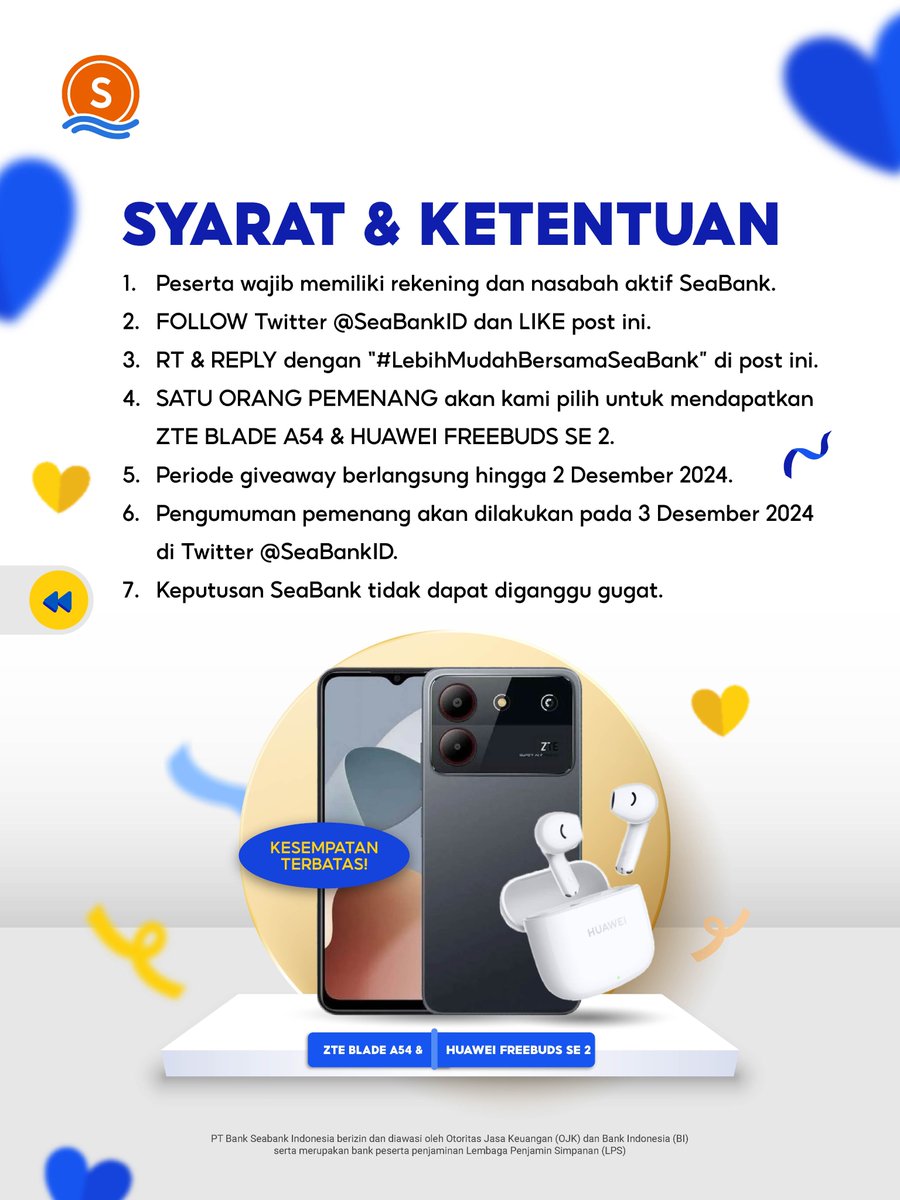 SeaBankID's tweet photo. KESEMPATAN TERBATAS: ZTE BLADE A54 &amp; HUAWEI FREEBUDS SE 2! 💨
#LebihMudahBersamaSeaBank

Caranya cuma:
1. FOLLOW Twitter @SEABANKID
2. LIKE &amp; RT Tweet ini
3. REPLY "LEBIH MUDAH BERSAMA SEABANK" minimal 10x
4. TAG TEMAN KAMU

Selengkapnya CEK di slide ke 2! 🎁 https://t.co/JwRXI4q9dk