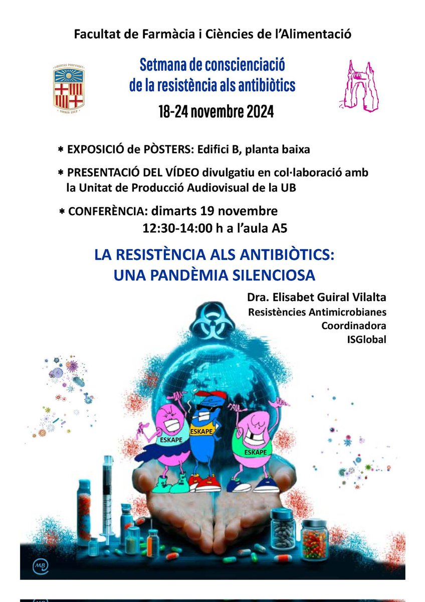 EITHealthSAFEub (@eithealthsafeub) on Twitter photo Aquesta és la setmana mundial de conscienciació sobre la resistència als antimicrobians. Avui publicarem un vídeo de divulgació i tenim una conferència molt interessant a la <a href="/Farmacia_UB/">Facultat de Farmàcia i Ciències de l'Alimentació</a> (12:30 h).
Us esperem!
#WAAW2024 #AntimicrobialResistance #AMR Aquesta és la setmana mundial de conscienciació sobre la resistència als antimicrobians. Avui publicarem un vídeo de divulgació i tenim una conferència molt interessant a la <a href="/Farmacia_UB/">Facultat de Farmàcia i Ciències de l'Alimentació</a> (12:30 h).
Us esperem!
#WAAW2024 #AntimicrobialResistance #AMR