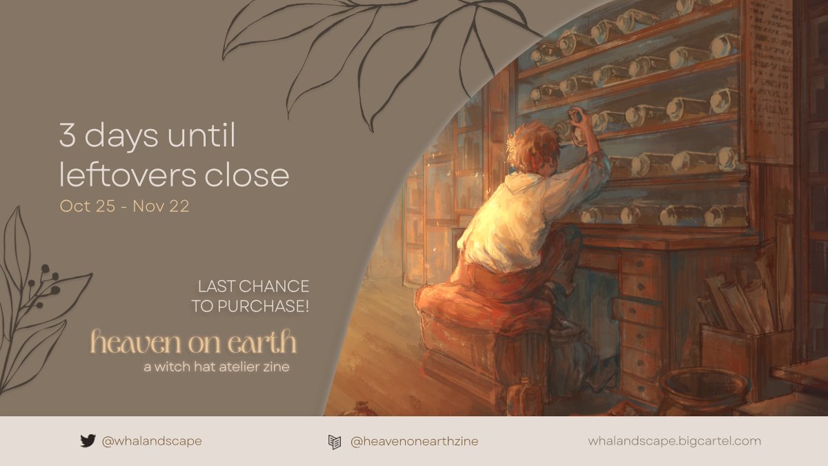 whalandscape's tweet photo. 🌿 LEFTOVERS: 3 DAYS LEFT 🌿

3..2..1.. only 72 hours until the atelier closes! Tartah is hard at work keeping the shop tidy 🫡

🖋️ October 25 - November 22
🛒 https://t.co/Sh1vkUSAGv
#witchhatatelier #Δ帽子 https://t.co/Mha7dxYTA0