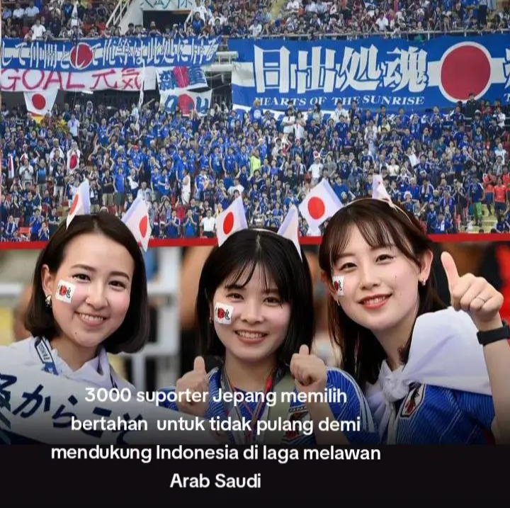 Belok_dong's tweet photo. 3000 fans Samurai Biru Jepang memilih tetap bertahan di Jakarta demi mendukung Timnas 🇮🇩 vs Arab Saudi.

Salut 👍 

#TimnasDay https://t.co/pvkVg59U03