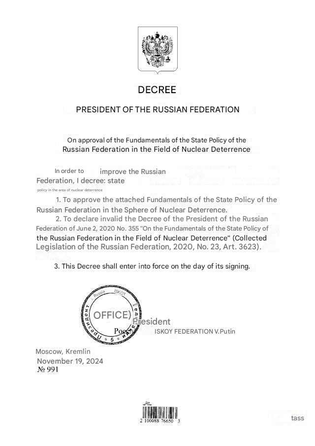 Russia Vladimir Putin Nuclear Decree 