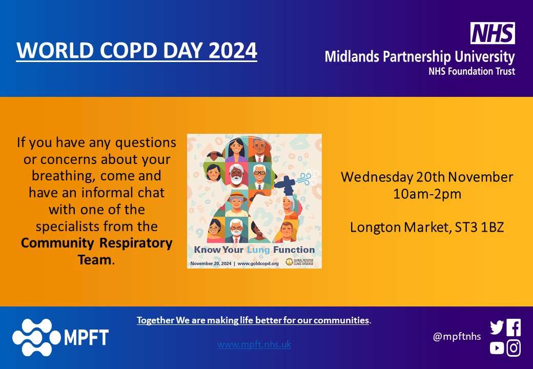 Local to Longton Market, Stoke-on-Trent? 

Why not pop along and meet our Community Respiratory Team tomorrow (20 Nov, 10am - 2pm), and chat to them about any questions or concerns you may have around your breathing? 

#WorldCOPDDay