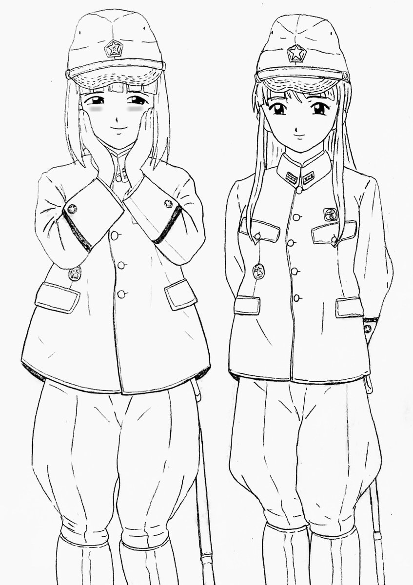 私的 軍服(制服)絵の注意点

服のシワをあまり描かない
帽子類は一回り小さく描く

あまり見えないがポケットやボタン部を二重線にし立体感出す 