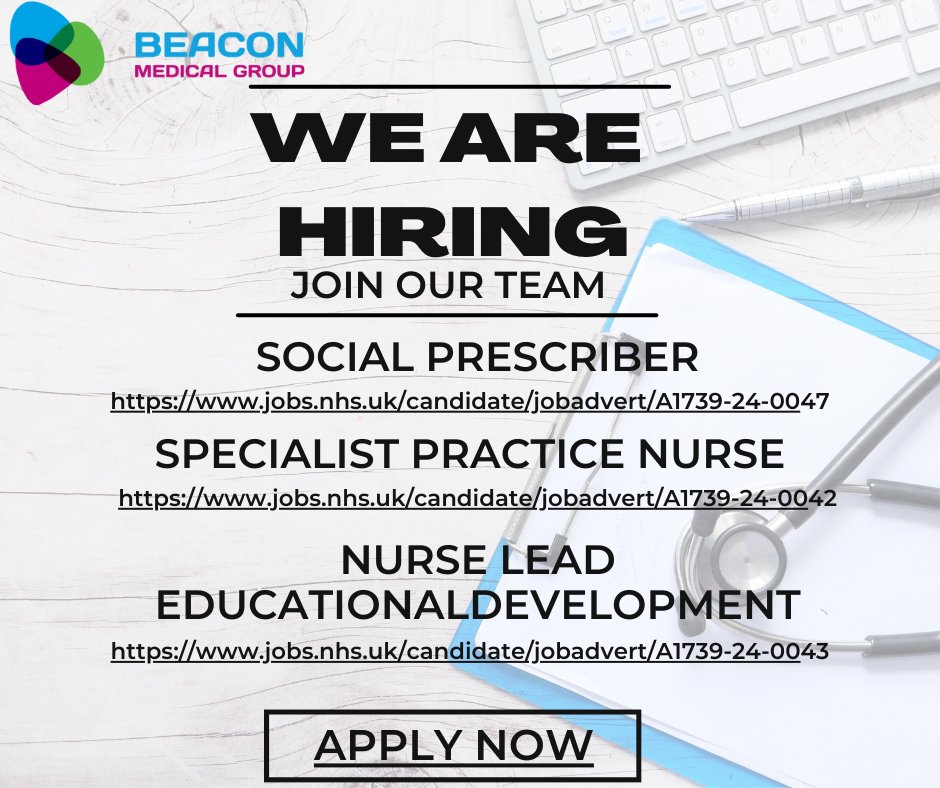 Join the team!

If you are interested in these role and want to find out more to apply please click the links below!

Social prescriber: jobs.nhs.uk/candidate/joba…
Specialist practice Nurse: jobs.nhs.uk/candidate/joba…

Nurse lead Educational development: jobs.nhs.uk/candidate/joba…