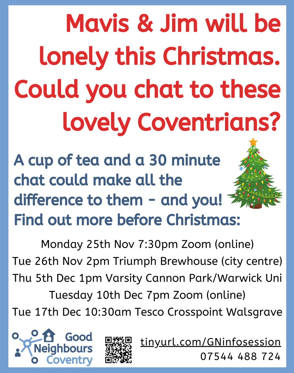 Mavis (92) &amp; Jim (86) will be lonely this Christmas. Could you chat to these lovely housebound Coventrians?

A cup of tea and a 30 minute chat could make all the difference to them - and you! Find out more, before Christmas, on the dates below.

#Coventry #WhatsOnCov #CovEvents