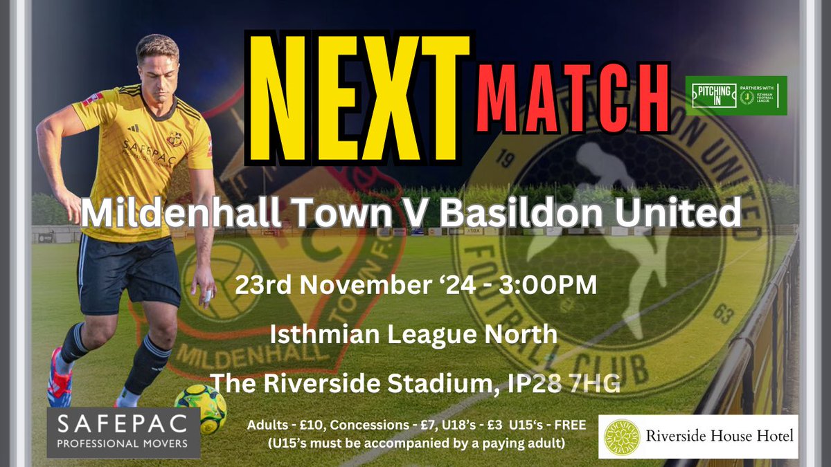 Mildenhall Town FC (@mildenhalltown) on Twitter photo This Saturday we are back in <a href="/IsthmianLeague/">The Pitching In Isthmian League</a> North action as we welcome <a href="/BasUtdFC/">Basildon United Football Club 🐝</a> to The Riverside Stadium.
We also have MTFC Youth U13’s as our match day guests.
Shane’s snack shack will be open and the bar of course
Get along and support your local club
#upthehall This Saturday we are back in <a href="/IsthmianLeague/">The Pitching In Isthmian League</a> North action as we welcome <a href="/BasUtdFC/">Basildon United Football Club 🐝</a> to The Riverside Stadium.
We also have MTFC Youth U13’s as our match day guests.
Shane’s snack shack will be open and the bar of course
Get along and support your local club
#upthehall