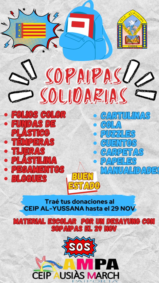¡SOS MATERIAL ESCOLAR!
Ncesita tu ayuda. ¡Dona material escolar en buen estado y disfruta de un desayuno de sopaipas el 29 de noviembre!
¡Entre todos podemos ayudar a nuestros compañeros!
#donaciones #materialescolar #solidaridad #CEIPAlYussana #sopaipas #comunidadescola