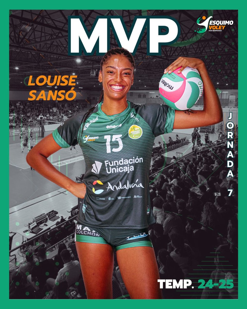 💚 ¡ES NUESTRA MVP! LOUISE SANSÓ, mejor jugadora de la jornada 7 

🏐 16 puntos 
🧱 6 bloqueos 
📊 67% eficacia en ataque 

✌🏽 Fue clave el trabajo de nuestra central en la GRAN VICTORIA frente a CV Hidramar Gran Canaria este sábado 

#TodoAlVerde #SomosEsquimo