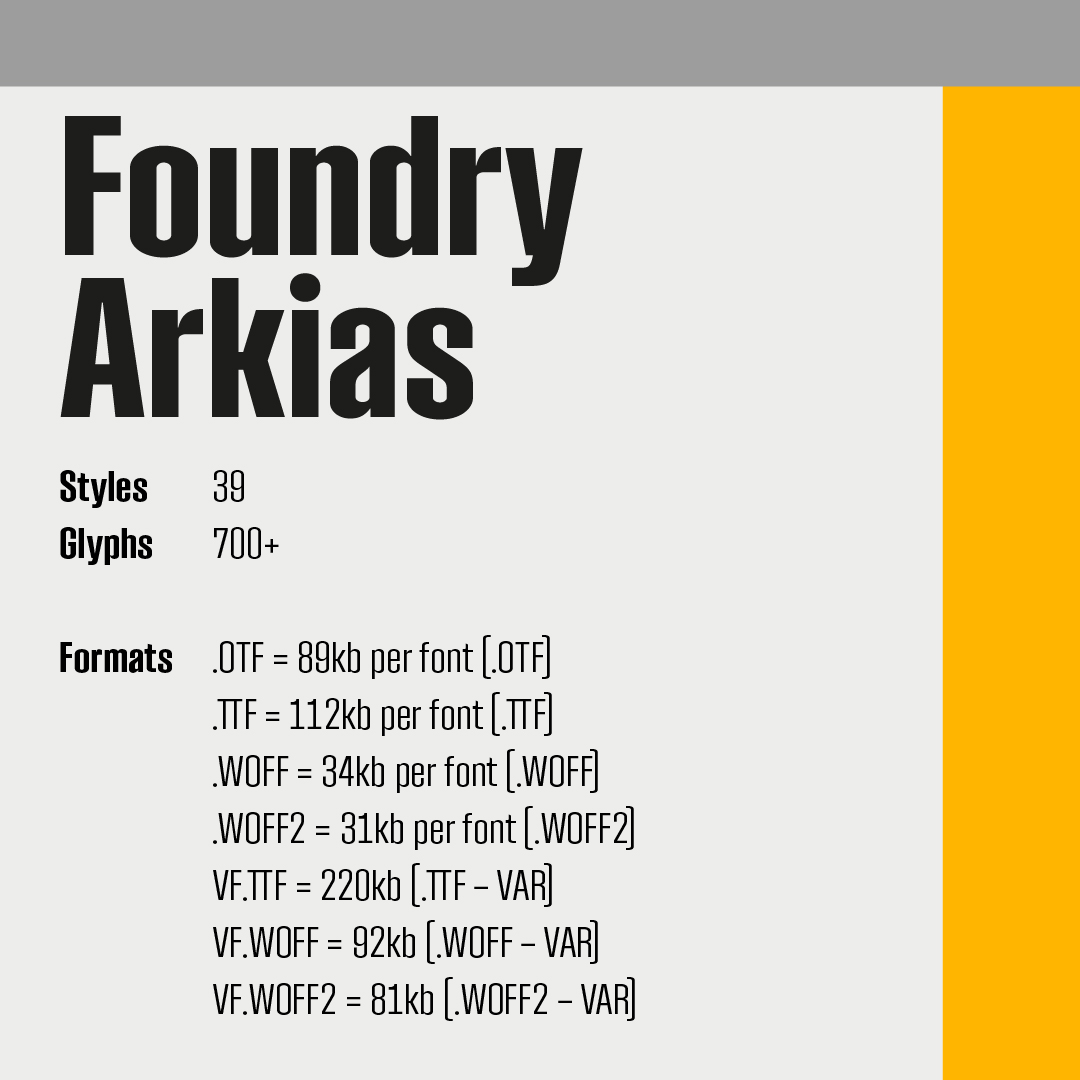 TheFoundryTypes's tweet image. Foundry Arkias comes in 39 styles — 13 Roman, 13 Italics and 13 Recline version, ranging from Hairline through to Heavy. 

Available in Desktop, Web and Variable font formats. Try or Buy link in our profile.

#branding