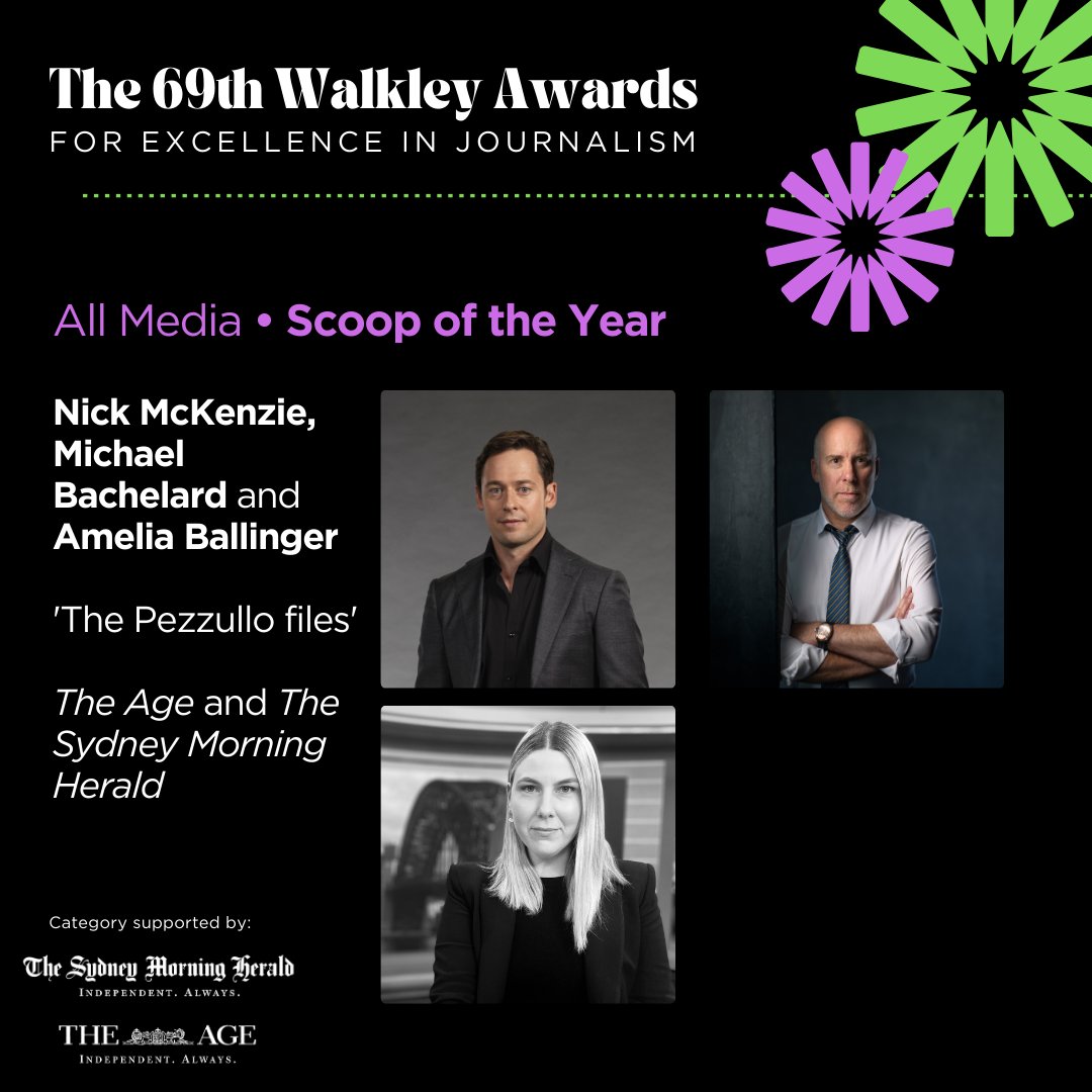 Walkley Foundation (@walkleys) on Twitter photo The winners for Scoop of the Year, supported by <a href="/smh/">The Sydney Morning Herald</a> & <a href="/theage/">The Age</a>, are: Nick McKenzie (<a href="/Ageinvestigates/">Nick McKenzie</a>), <a href="/mbachelard/">Michael Bachelard</a>, <a href="/AmeliaBallinger/">Amelia Ballinger</a>, <a href="/theage/">The Age</a>, <a href="/smh/">The Sydney Morning Herald</a>. #walkleys The winners for Scoop of the Year, supported by <a href="/smh/">The Sydney Morning Herald</a> & <a href="/theage/">The Age</a>, are: Nick McKenzie (<a href="/Ageinvestigates/">Nick McKenzie</a>), <a href="/mbachelard/">Michael Bachelard</a>, <a href="/AmeliaBallinger/">Amelia Ballinger</a>, <a href="/theage/">The Age</a>, <a href="/smh/">The Sydney Morning Herald</a>. #walkleys