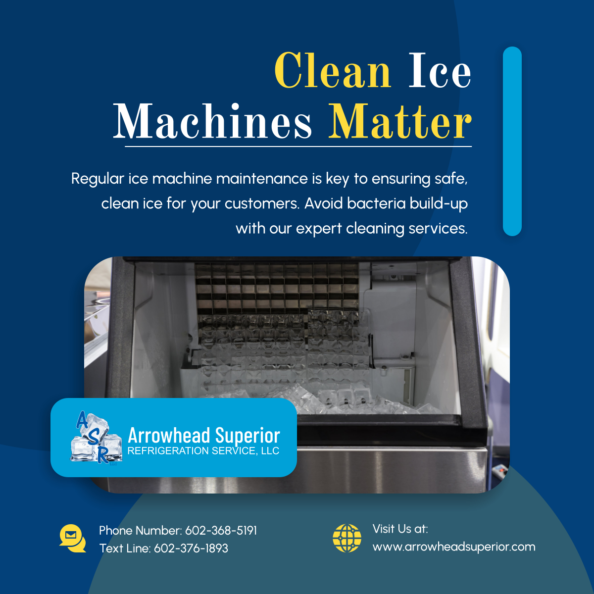 ASR_ASB2008's tweet image. Keep your ice machines in peak condition with Arrowhead Superior Refrigeration Service, LLC. Ensure clean, safe ice for your customers by scheduling regular cleanings today. Contact us now for top-notch service! 

#PeoriaAZ #CommercialRefrigerationServices #IceMachineCleaning