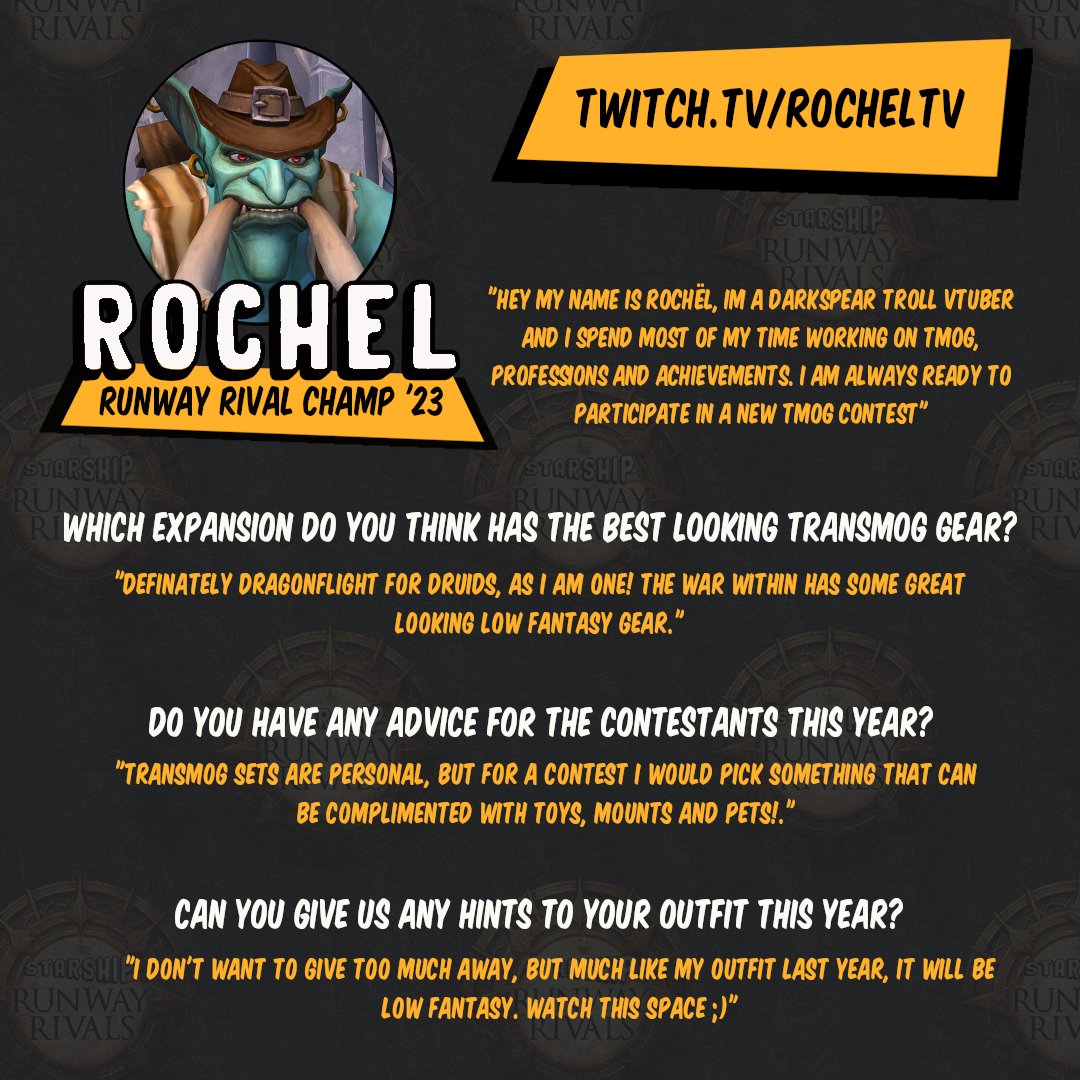 Starship_eu's tweet photo. We managed to reach out to last years Runway Rival's winner, Rochel, to find out if they have any tips for our contestants this year. 🤠

Don't miss the biggest transmog contest of the year, live on Twitch this Sunday! 🌈
#WeAreStarship #kindofacult #RunwayRivals https://t.co/FeeN12WyPU