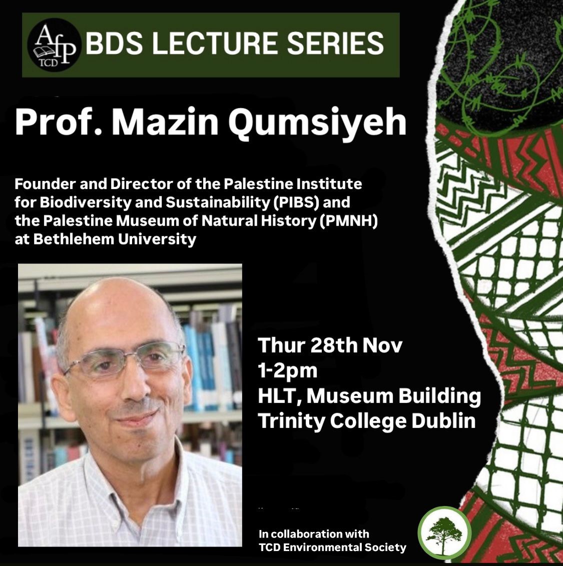 Academia for Palestine TCD (@afptrinity) on Twitter photo Join us for the next event in our #BDS lecture series - Biodiversity in Palestine with Prof Mazin Qumsiyeh
📅Thursday 28 November, 1-2pm
📌Haughton lecture theatre, Museum Building, TCD
In person event. All welcome. No registration required
<a href="/AcaforPalestine/">Academics for Palestine</a> Join us for the next event in our #BDS lecture series - Biodiversity in Palestine with Prof Mazin Qumsiyeh
📅Thursday 28 November, 1-2pm
📌Haughton lecture theatre, Museum Building, TCD
In person event. All welcome. No registration required
<a href="/AcaforPalestine/">Academics for Palestine</a>