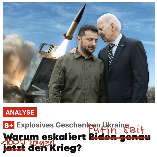 Ich kann es nicht fassen. 🇷🇺 führt seit 1000 Tagen einen Vernichtungskrieg gegen 🇺🇦. Tausende Raketen, Angriffe auf Zivilisten, Truppen aus 🇰🇵 – &amp; jetzt wird Biden Eskalation vorgeworfen? Eine groteske Verdrehung der Realität. Putin eskaliert. #WordsMatter! <a href="/Blickch/">Blick </a> <a href="/GuidoFelder/">Guido Felder</a>