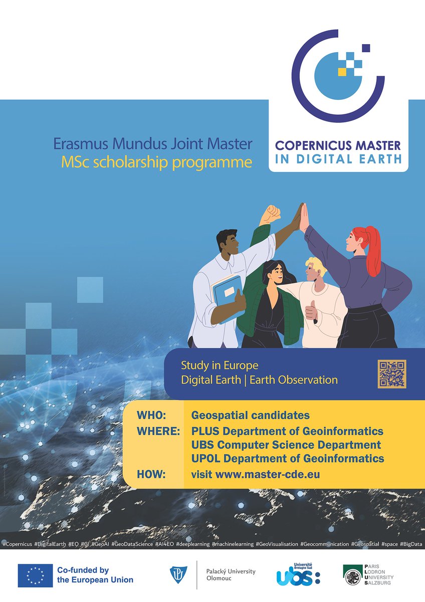 MSc_CDE's tweet image. Are you #passionate about #GeospatialData? #ReadyToMove &amp;amp; study abroad #ApplyNow  master-cde.eu postgrad #study #Europe #ErasmusPlus #EMJM #Copernicus #DigitalEarth #EO #GI #GeoDataScience #AI4EO #Geovisualisation #Geocommunication @PLUS_1622 @UPOlomouc @UBS_universite