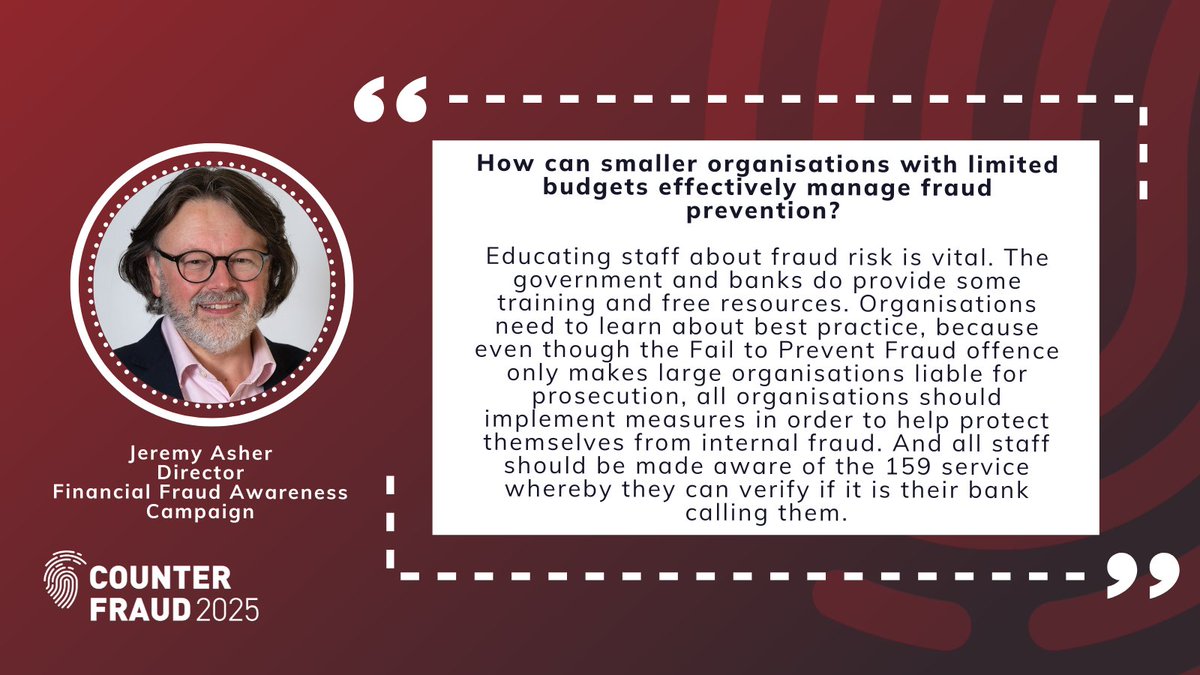 GovCounterFraud's tweet photo. 📖 Education is key! @JeremyAsher14 from @fraudaware_ffac shares his thoughts on what smaller organisations can do to prevent fraud. 

He will be deliver a fraud awareness session at #CounterFraud25, have you got your place? https://t.co/XuLKRpOely

#FraudWeek https://t.co/KGDU9vubCX