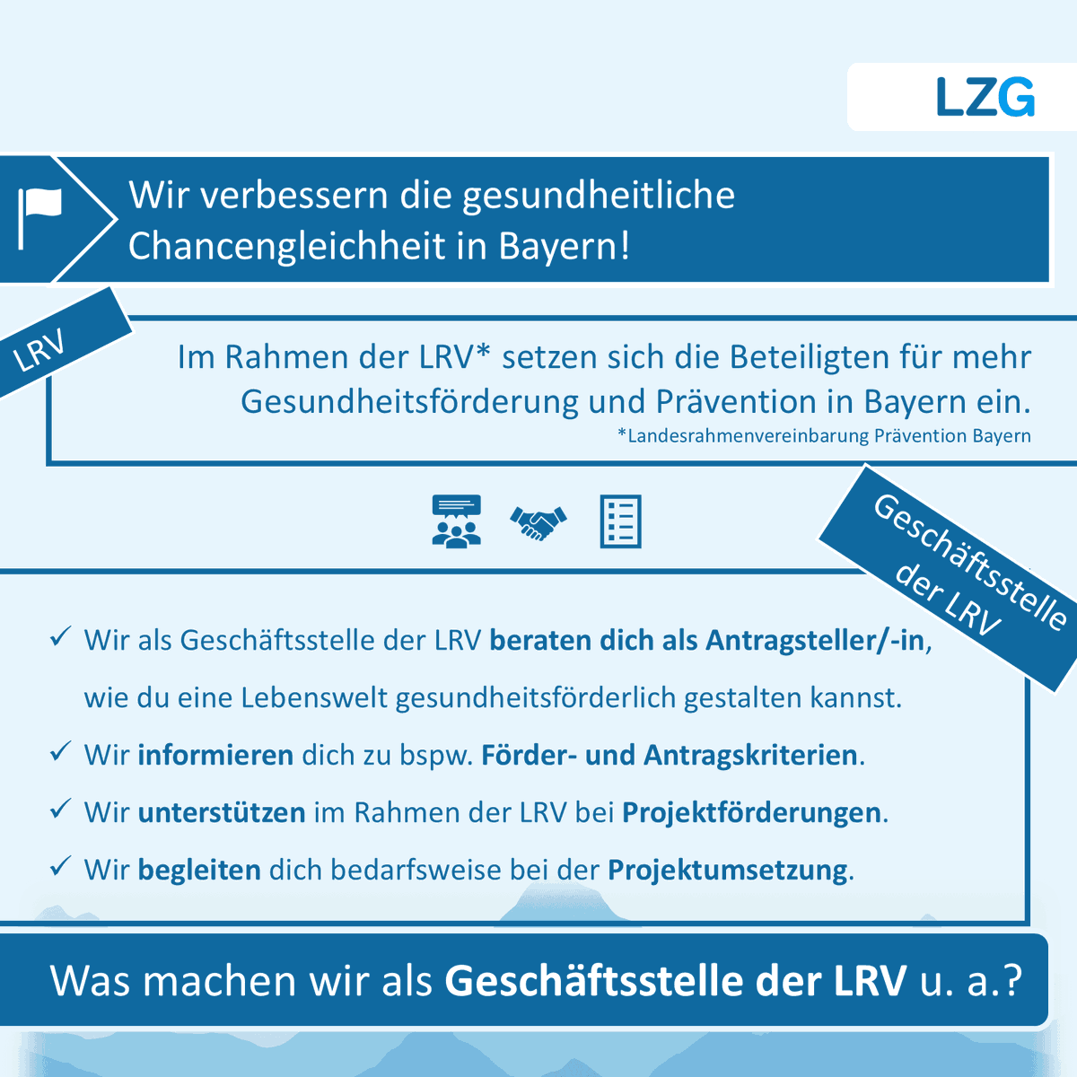 Was machen wir? 🌟

💙 Wir setzen uns für die Förderung der #Gesundheit sozial benachteiligter
Menschen ein!

ℹ️ Weitere Informationen zu unseren Tätigkeitsfeldern findest du auch auf unserer Webseite: lzg-bayern.de/taetigkeitsfel…

#gesundheitfüralle #LZGBayern