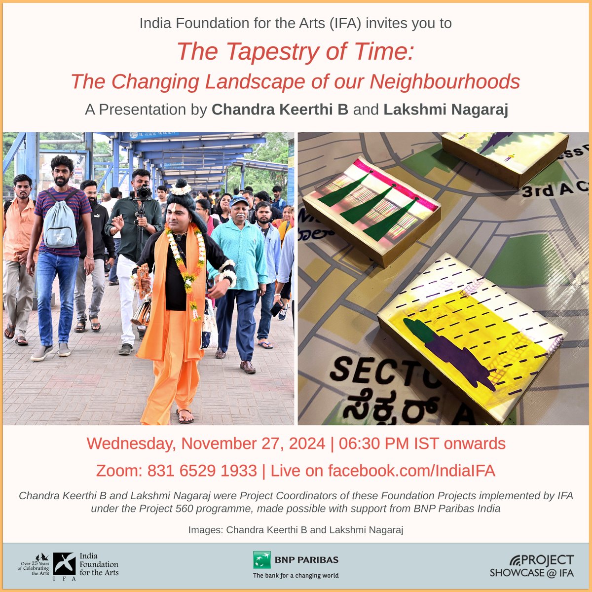 Our next Project Showcase@IFA is all about #Bangalore's neighbourhoods! 

The Tapestry of Time: The Changing Landscape of our Neighbourhoods   
Nov 27, 2024 | 06:30 PM IST 
Register on Zoom: bit.ly/4eAV7qv or FB live: facebook.com/IndiaIFA/

#BNPParibasIndia