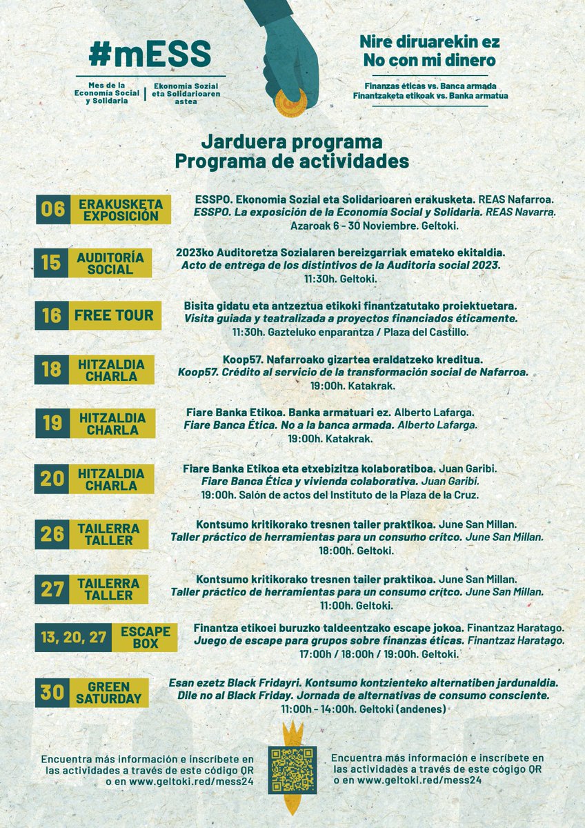 Seguimos con las charlas #NoConMiDinero en el ciclo de finanzas éticas vs banca armada del #MesEconomíaSolidaria2024

Hoy <a href="/katakrak54/">katakrak liburuak</a> 19h

<a href="/fiareBE/">Fiare Banca Etica</a> presenta la campaña #BancaArmada y proyectos financiados en Nafarroa

Es momento de dejar de financiar el gran negocio de la guerra!