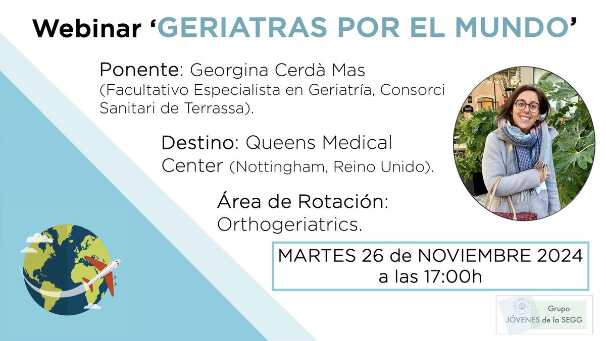 📣 El próximo martes 26/11, nuestra compañera <a href="/Geeo_cm/">Georgina Cerdà Mas</a> compartirá con nosotros su experiencia durante su rotación en la unidad de Ortogeriatría en Nottingham. ¡No te la pierdas! Puedes ver las anteriores en nuestra página web: segg.es/participacion/… <a href="/seggeriatria/">SEGG</a> #JovenesSEGG