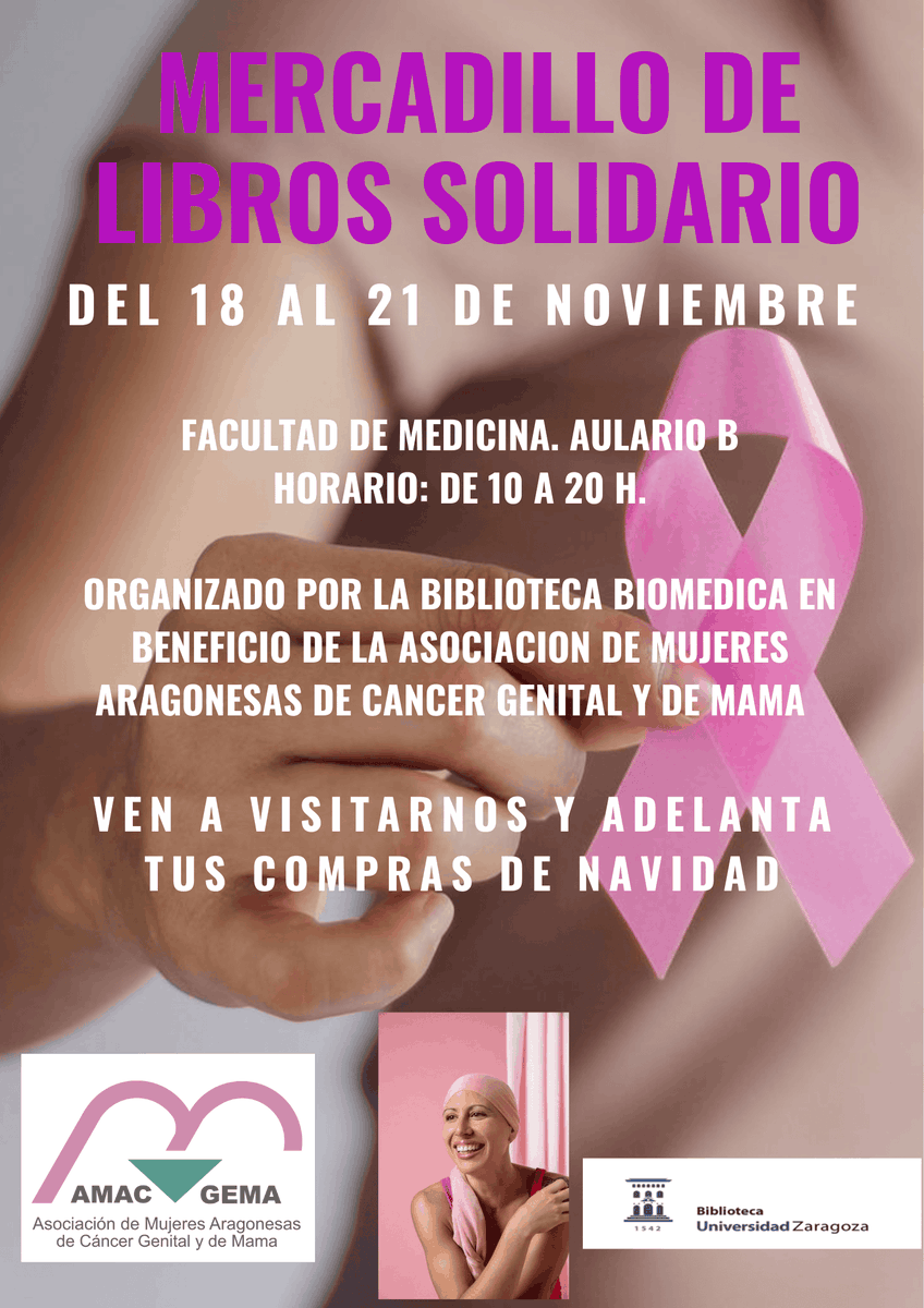 📢📢El Mercadillo Solidario a favor de <a href="/amacgema/">AMAC GEMA</a> Asociación de Mujeres Aragonesas de Cáncer Genital y de Mama, organizado por la Biblioteca Biomédica está en marcha hasta el 21/11 en el hall del aulario B de @med_unizar 👏👏
Es hora de acercarse y colaborar!!
Muchas gracias 🥰