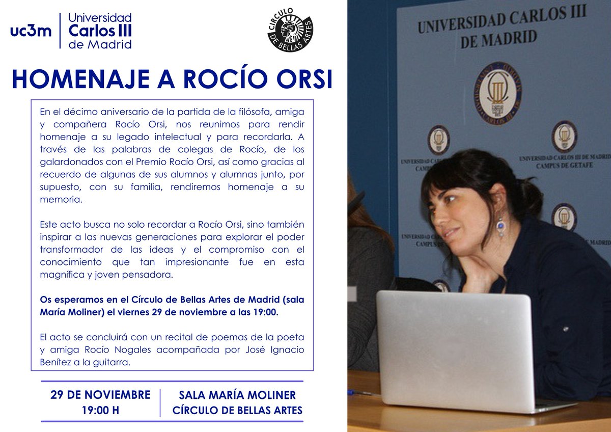 uc3mFacultadHCD's tweet photo. Homenaje a Rocío Orsi en el décimo aniversario de su partida.
- Viernes 29 de noviembre 
- 19:00 horas
- Círculo de Bellas Artes https://t.co/VunHhDCxZ1