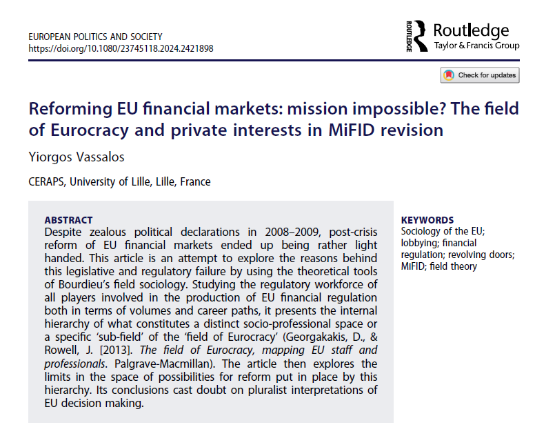 Reseach publication alert🚨
My article "Reforming EU financial markets: mission impossible? The field of Eurocracy and private interests in MiFID revision" has just been published in the "European Politics and Society" research journal.
Here's a thread 🧵. The article looks at:>>