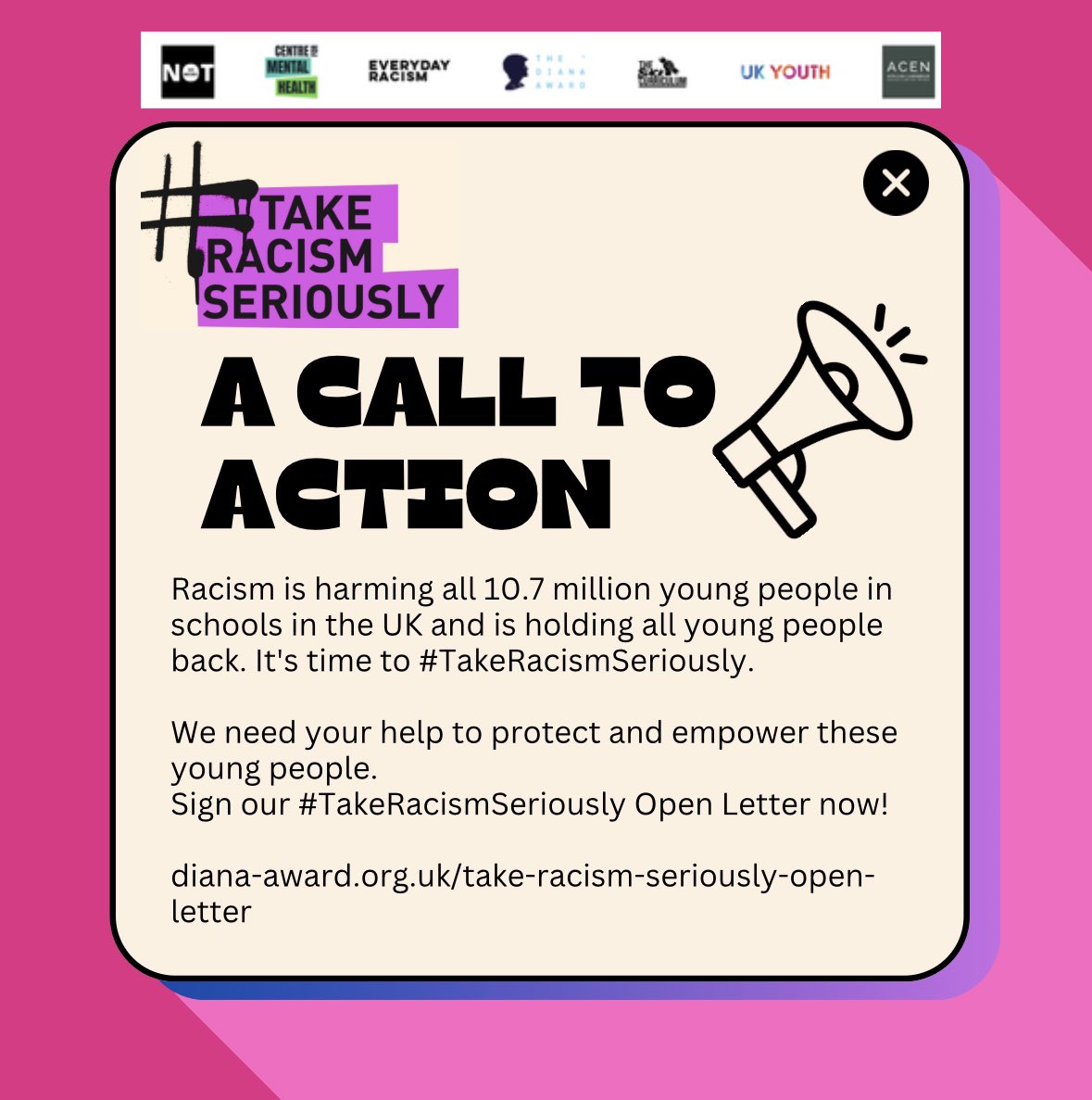 📣 Calling for change! A coalition of powerful voices, including Not So Micro, is urging the Government to take action against racism in education. Let’s create a future where all young people can thrive. Sign our #TakeRacismSeriously Open Letter now!

diana-award.org.uk/take-racism-se…