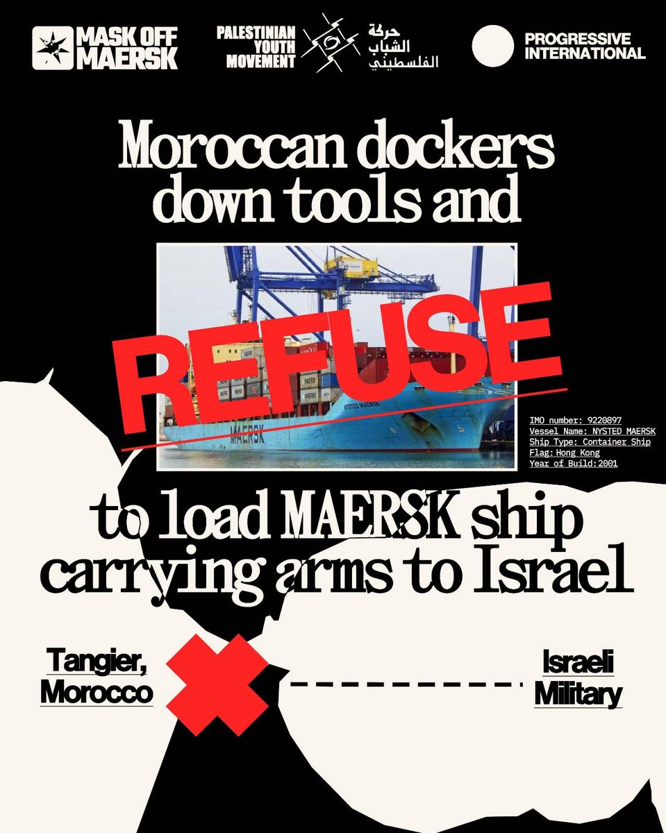 NEW 🇲🇦🇵🇸 Moroccan dockworkers in the port of Tangiers have refused to load the NYSTED MAERSK after the vessel was found to have received at least 46 US military shipments for Israel during the genocide in Gaza, following an investigation by @progintl and <a href="/palyouthmvmt/">Palestinian Youth Movement</a>.