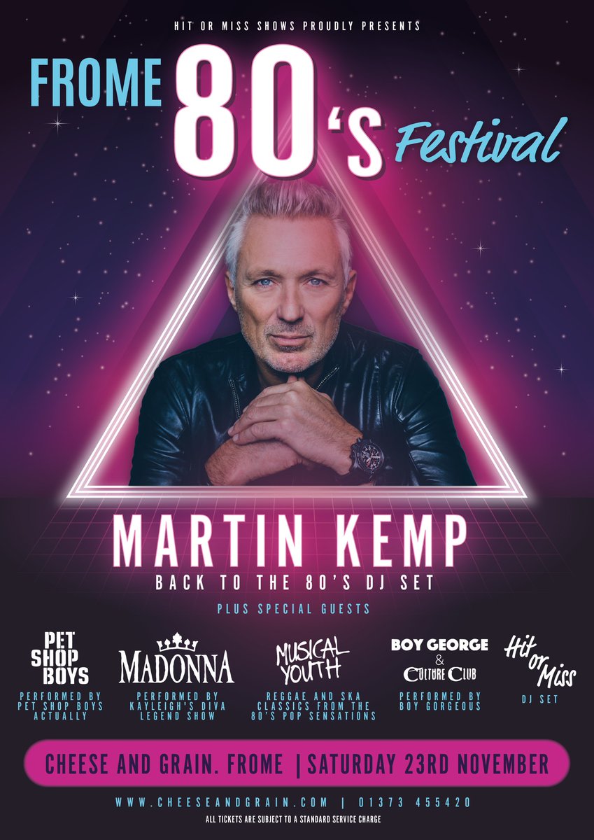 Cheese and Grain (@cheeseandgrain) on Twitter photo There are less than 40 tickets left for the return of <a href="/realmartinkemp/">Martin Kemp</a> this Saturday as he headlines Frome 80s Festival alongside <a href="/MusicalYouth30/">Musical Youth</a> & much more!
Tickets on sale cheeseandgrain.com/events/80s-fes… There are less than 40 tickets left for the return of <a href="/realmartinkemp/">Martin Kemp</a> this Saturday as he headlines Frome 80s Festival alongside <a href="/MusicalYouth30/">Musical Youth</a> & much more!
Tickets on sale cheeseandgrain.com/events/80s-fes…