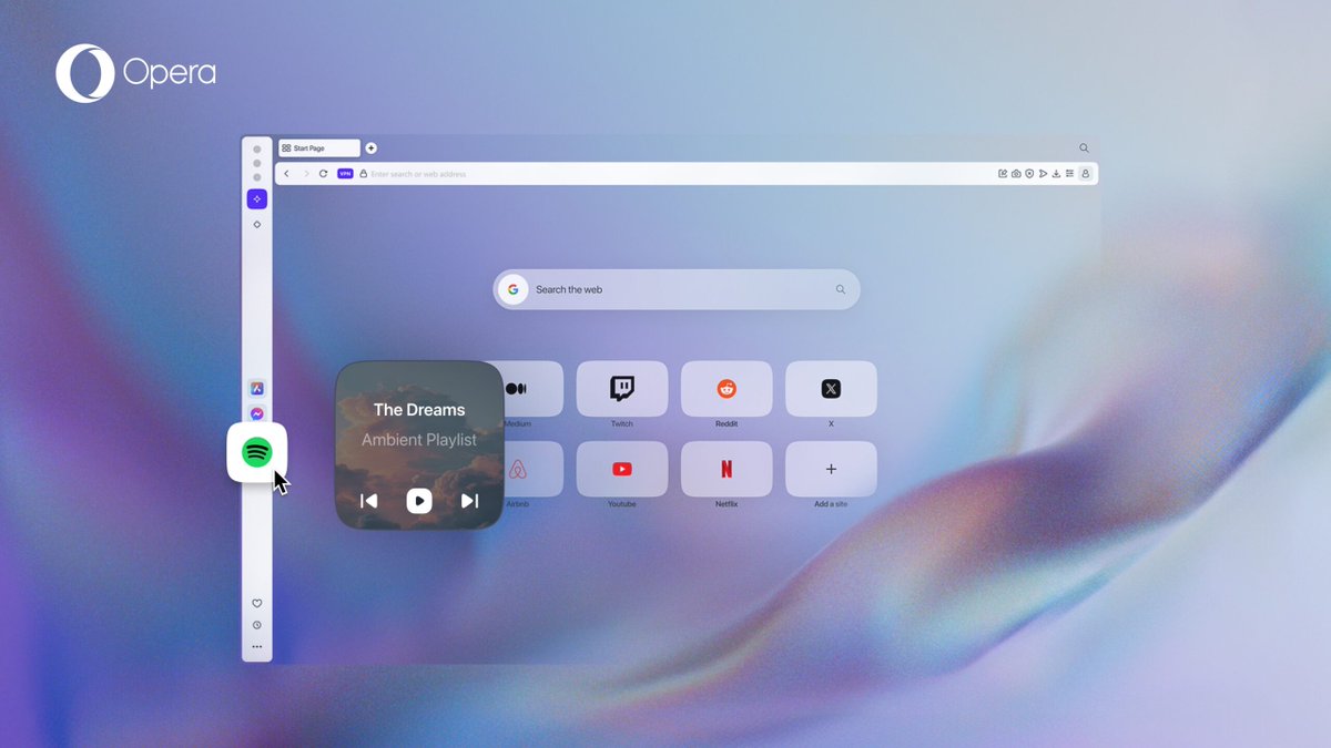 opera's tweet photo. Opera 🤝 @Spotify 

We’ve partnered up with Spotify to make it easier than ever to listen to your favourite music, podcasts and audiobooks while browsing on your desktop browser! https://t.co/qRnNCCXvuj