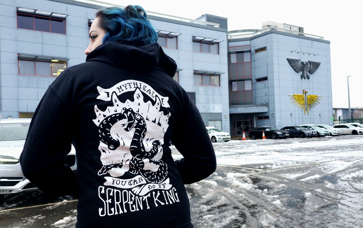 Emthepaintfreak's tweet photo. It may be cold outside today, but my @Mythical Serpent King hoodie is keeping me toasty at work #Merchicality #beyourmythicalbest https://t.co/YKXqA6f5Es