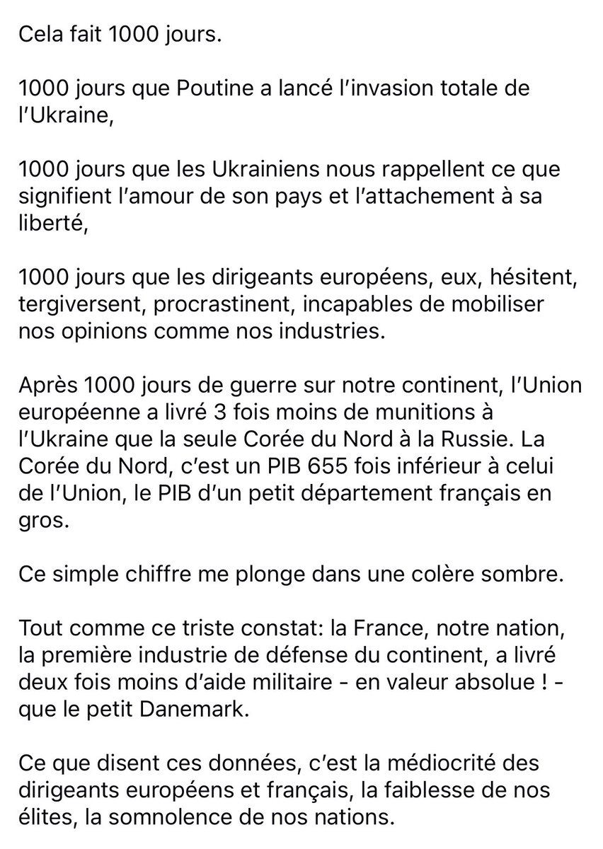 rglucks1's tweet photo. 1000 jours.

1000 jours de barbarie poutinienne.

1000 jours de résistance ukrainienne.

1000 jours d’hésitations européennes et occidentales.

Nous paierons cher notre incapacité à saisir les enjeux vitaux, pour nous, de cette guerre et à agir en conséquence.

Salva Ukraini! https://t.co/iGwFpzuPLP