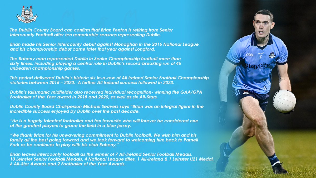 Brian Fenton has announced his retirement from inter-county football after ten memorable seasons in Blue. 

Congratulations on an incredible career, <a href="/BrianFenton08/">Brian Fenton</a> 💙