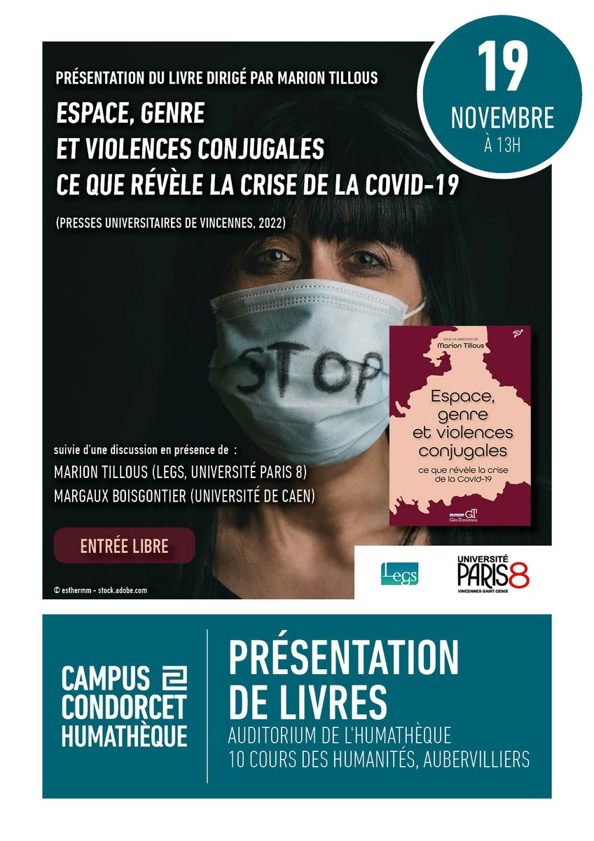 Humathèque Condorcet (@humatheque) on Twitter photo 📙😷♀️ | Présentation de livres
À l'approche de la Journée internationale contre les violences faites aux femmes, <a href="/MarionTillous/">Marion Tillous</a> présente : "Espace, genre et violences conjugales : ce que révèle la crise de la Covid-19".
🕐 13h 📍Auditorium
#ViolencesConjugales #Genre #COVID19 📙😷♀️ | Présentation de livres
À l'approche de la Journée internationale contre les violences faites aux femmes, <a href="/MarionTillous/">Marion Tillous</a> présente : "Espace, genre et violences conjugales : ce que révèle la crise de la Covid-19".
🕐 13h 📍Auditorium
#ViolencesConjugales #Genre #COVID19