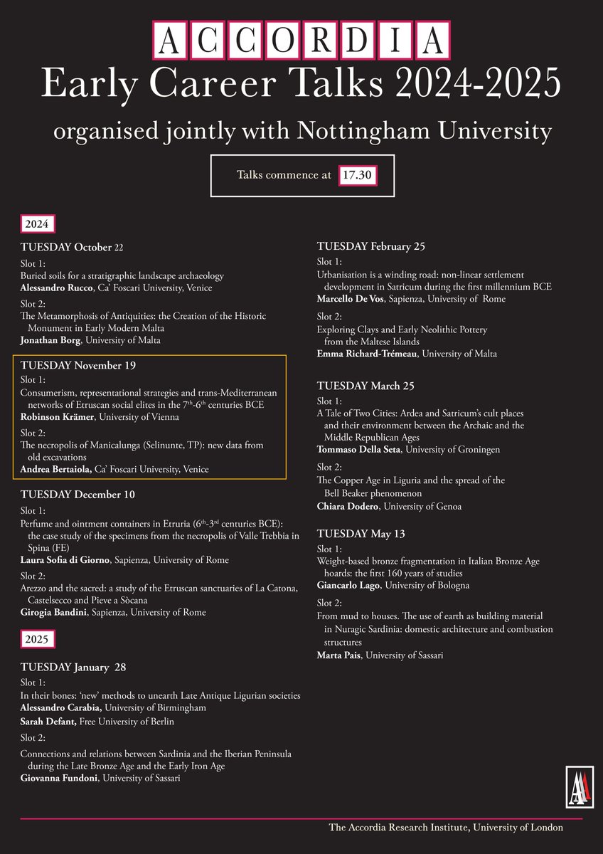 🏺Interested in Etruria and Sicily’s archaeology? Join us today (19.11.2024), 5.30pm (GMT) for the  #Accordia #EarlyCareerTalks
Zoom link: ucl.zoom.us/j/99674274570?…
📣Please, spread the word
<a href="/UCLarchaeology/">UCL Institute of Archaeology</a> 
<a href="/LeverhulmeTrust/">The Leverhulme Trust</a> 
<a href="/school_of_arch/">Oxford School of Archaeology</a> 
<a href="/UoNArch/">Archaeology Nottingham</a> 
<a href="/ArcDurham/">Durham Archaeology</a> 
<a href="/UCamArchaeology/">Cambridge Archaeology</a>