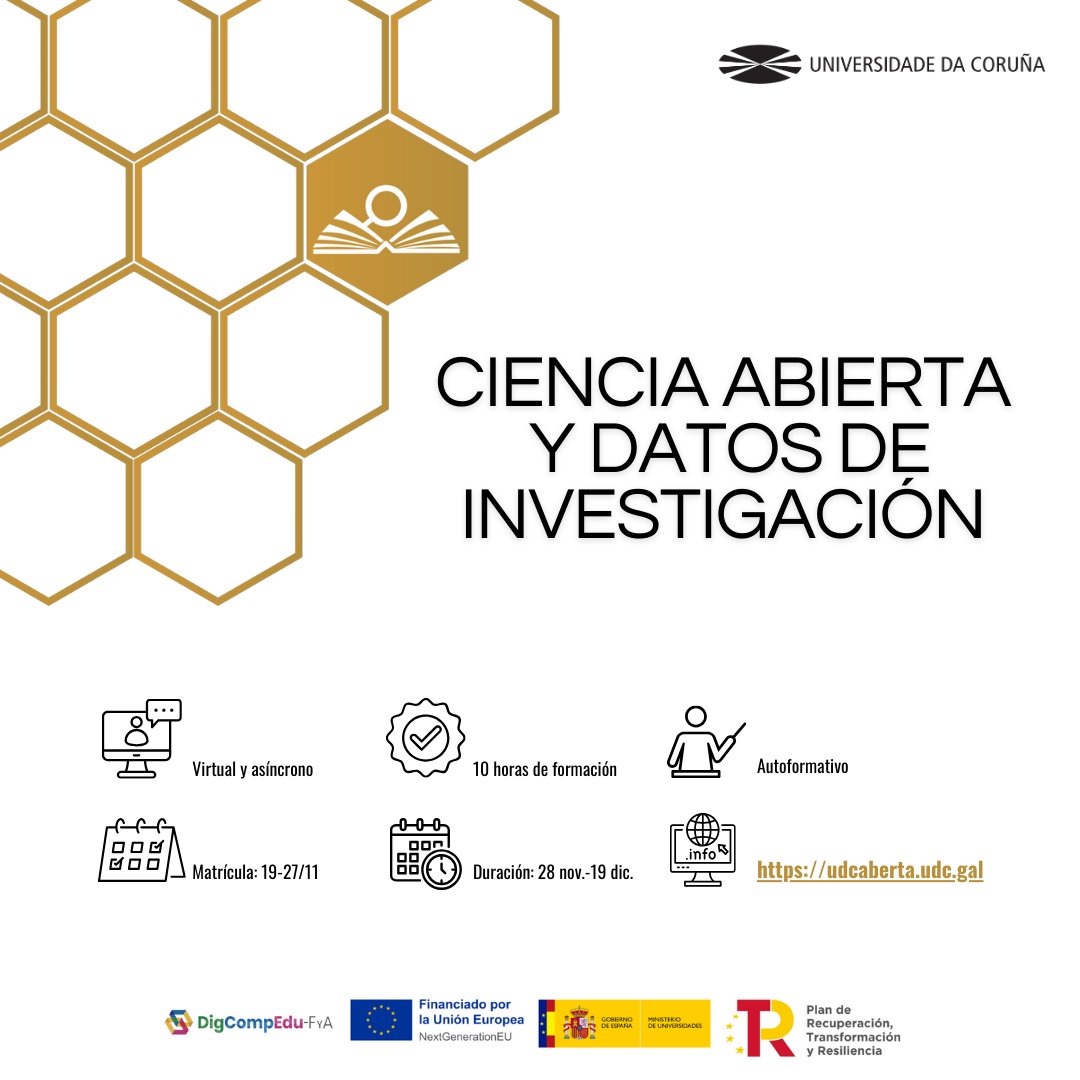 ¿Te gustaría aprender a gestionar tus datos de investigación de acuerdo con los principios y mandatos de la Ciencia Abierta? Si eres PDI de la <a href="/UDC_gal/">Universidade da Coruña</a>
o de otras universidades ¡este curso te interesa! Matricúlate gratis en udcaberta.udc.gal