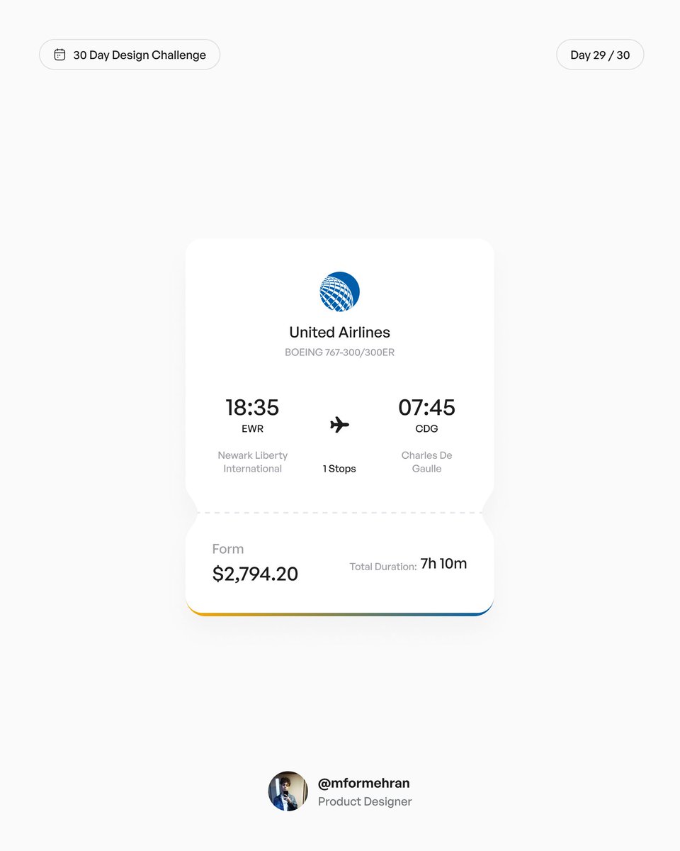 Day 29: Flight card
I'm challenging myself to design something new each day for the next 30 days and share it here. Who's in? Let's spark some creativity together!

#uidesign #uxdesign #productdesign #uiux #uiuxdesign #flightcard #30daydesignchallenge