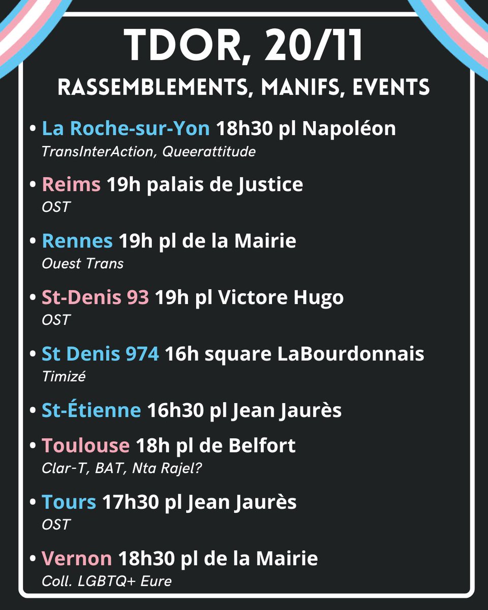 OrgaSoliTrans's tweet photo. 🏳️‍⚧️ DEMAIN : LISTE DES RASSEMBLEMENTS POUR LE #TDoR 🏳️‍⚧️

2/2 https://t.co/kTUUCyCXbH