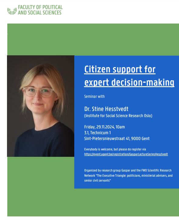 Join us for the second <a href="/Gaspar_UGent/">GASPAR</a> Lecture on Friday 29/11. 

Dr. Stine Hesstvedt will talk about citizen support for expert decision-making.
