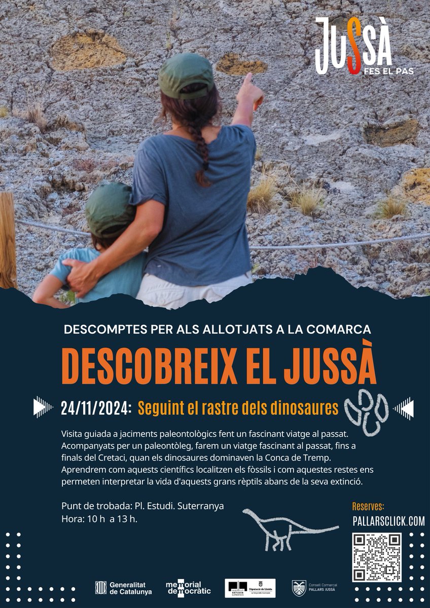 🦕Ens acompanyes a fer un viatge en el temps i descobrir els rastres dels últims dinosaures d'Europa?
amb el guiatge de @EurekaSGN
📅 Diumenge 24 de novembre a Suterranya
ℹ️ i reserves: bit.ly/dinosS

#VisitJussà #FesElPas #Dinosaures #GeoparcOrigens