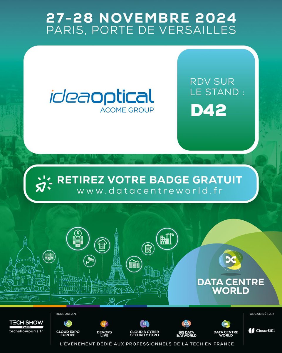 🚀🌍 Rejoignez-nous au Data Centre World Paris 2024 ! 🌍🚀

Venez découvrir nos solutions innovantes pour les infrastructures de data center sur notre stand D42 !

🎟️ Obtenez votre badge gratuit ici : buff.ly/3A5Qh6B#DataCe…

 #Innovation #IdeaOptical #TechShowParis #Paris