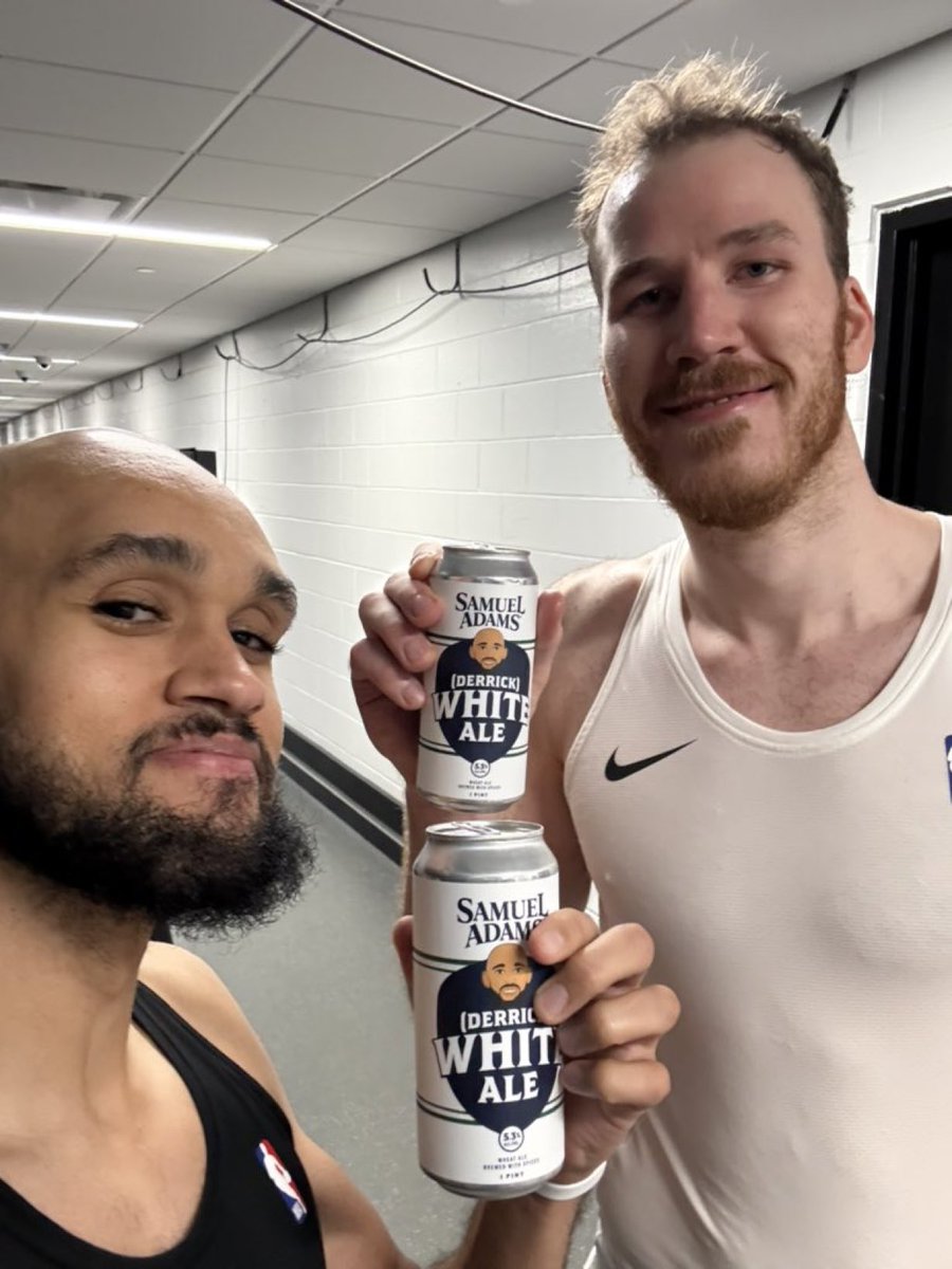 Former Spurs Jakob Poeltl and  Derrick White with the new Derrick White Ale 🍻 from Samuel Adams.