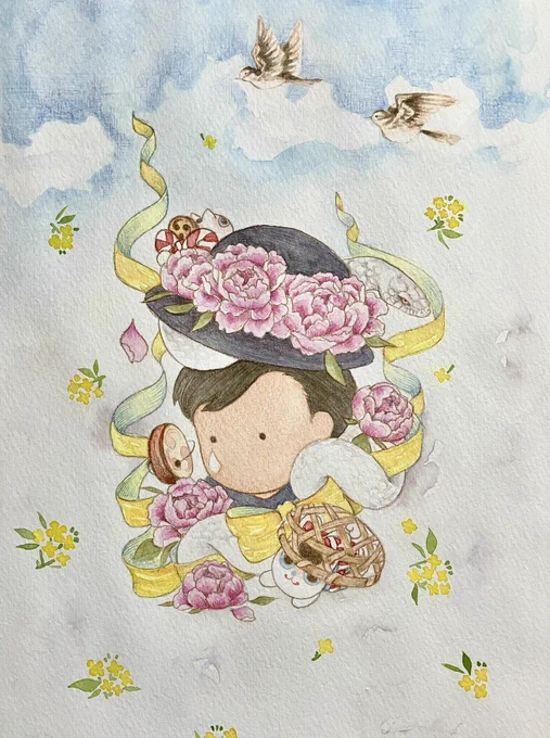 #週末文学室2 にて展示いただいた絵です 水彩絵の具と色鉛筆で描きました イベントスタッフの皆さま、お越しいただいた皆さま、ありがとうございました