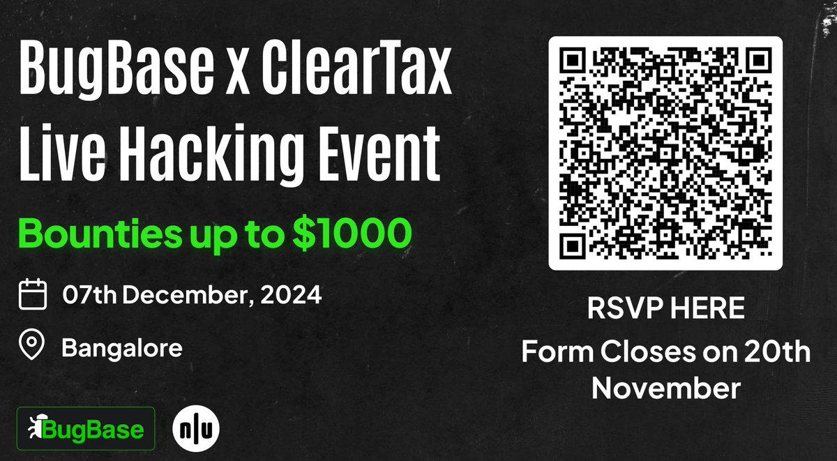 Nullblr's tweet image. Exciting update! 🎉
We @Nullblr are proud to collaborate with @BugBase for their Live Hacking Event in partnership with ClearTax.
💰 Bounties: Up to $1,000 per eligible bug (based on severity).
RSVP by: 20th November.
Join us and make an impact!