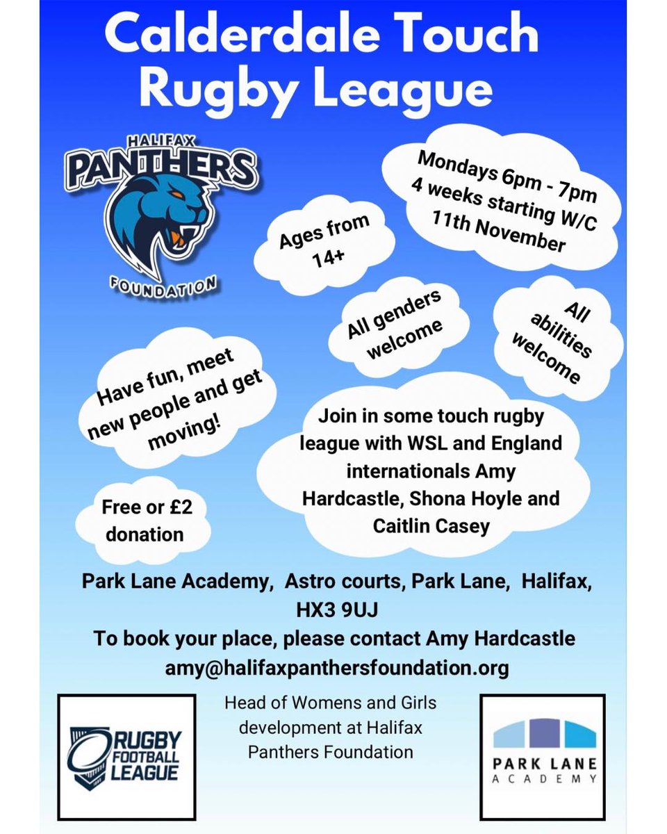 Halifax Panthers πΎ (@halifaxpanthers) on Twitter photo Another great turn out for <a href="/hxpfoundation/">Halifax Panthers Foundation</a> Calderdale Touch Rugby League at Park Lane last night. First teamers Louis Jouffret and James Woodburn-Hall joined in alongside current England and St Helens players Shona Hoyle
Everybody is welcome Mondays 6-7pm. Contact Another great turn out for <a href="/hxpfoundation/">Halifax Panthers Foundation</a> Calderdale Touch Rugby League at Park Lane last night. First teamers Louis Jouffret and James Woodburn-Hall joined in alongside current England and St Helens players Shona Hoyle
Everybody is welcome Mondays 6-7pm. Contact